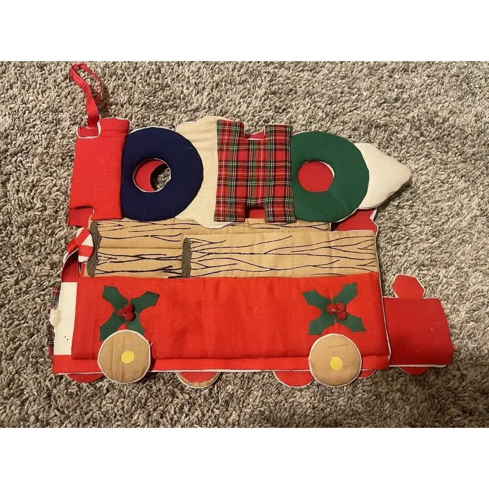 VTG Christmas Train Ho Ho Ho Wall Decor Handmade Fabric Holiday